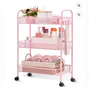 NWT 3 Tier Mesh,Metal Rolling Utility Cart & Organizer with Wheels, Pink Storage